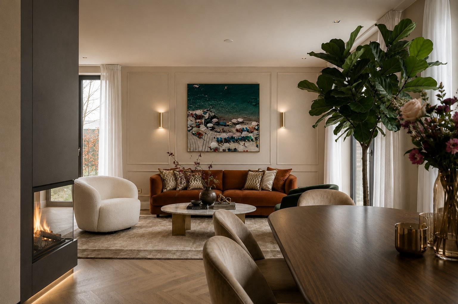 Warm klassiek interieur met marmeren haard, amberkleurige bank en herringbone vloer